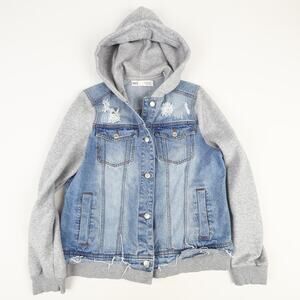 BKE Womens Medium Distressed Denim Mixed Media Button Up Gray Hoodie Jacket